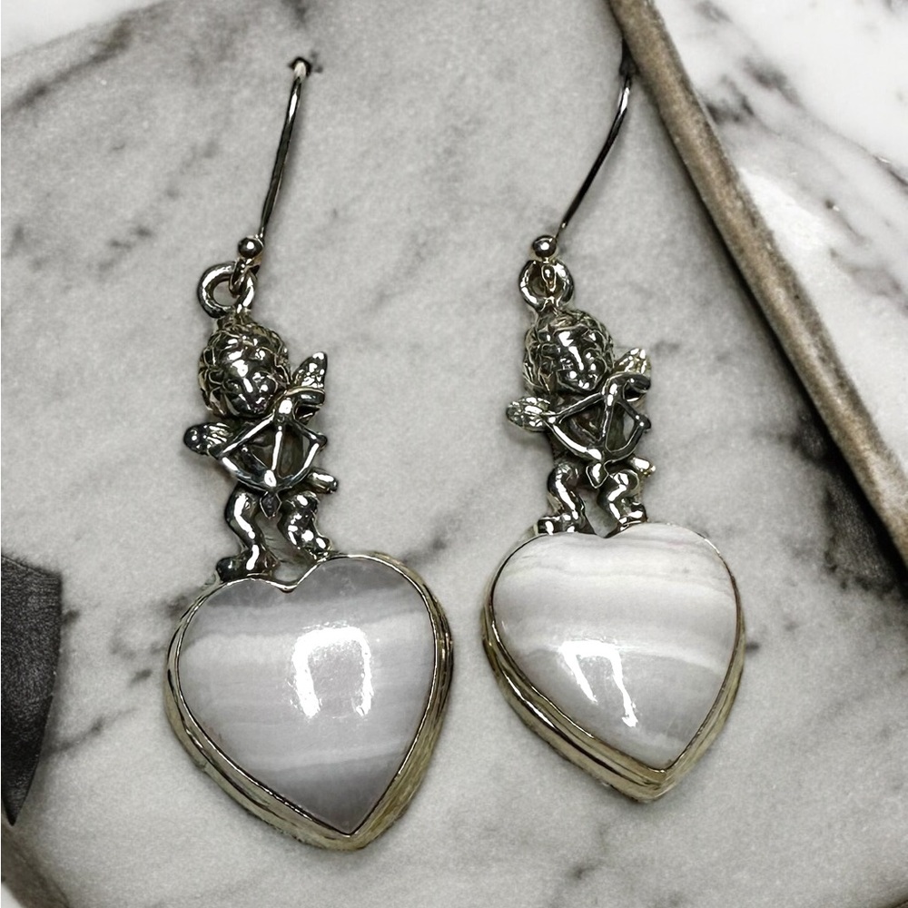 Pink Lace Agate & Cupid Sterling Silver Drop Earrings